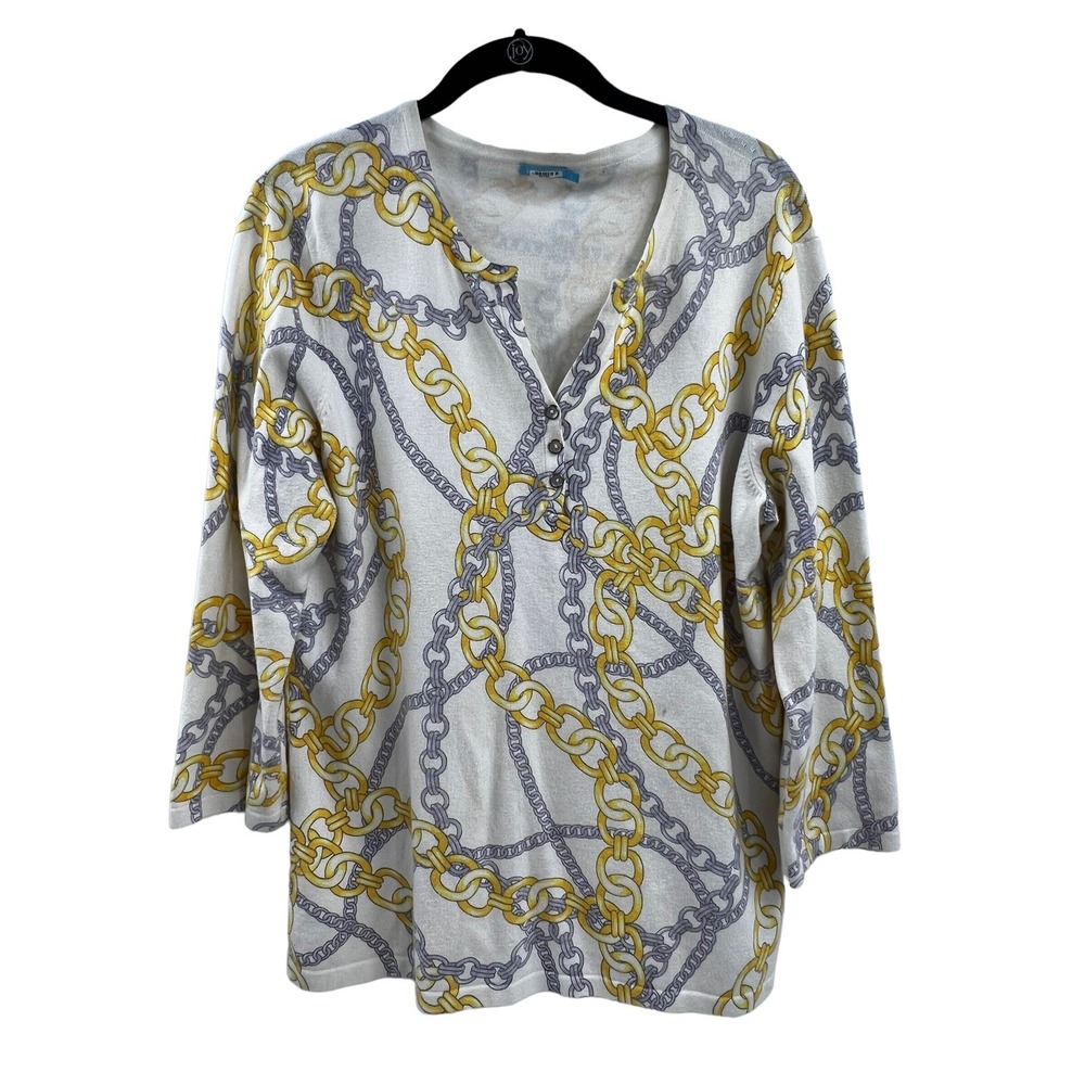 J.McLaughlin Gold Chain Print Metallic Holiday Sweater Sz L Button Modal